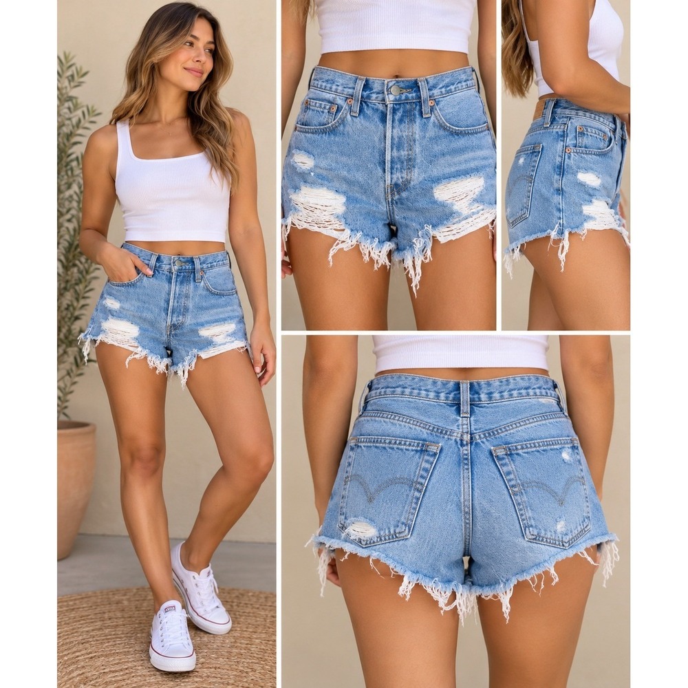 Levis 501 Original Cut Off Jean Shorts Light Wash Distressed W26